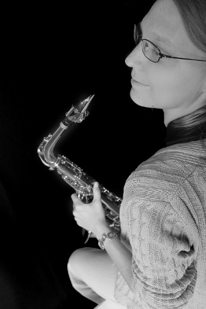 Sara with Sax Grayscale